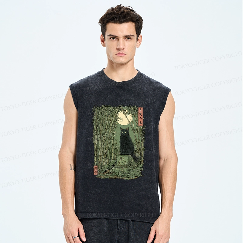 Tokyo-Tiger Black Cat In The Bamboo Forest Washed Tank