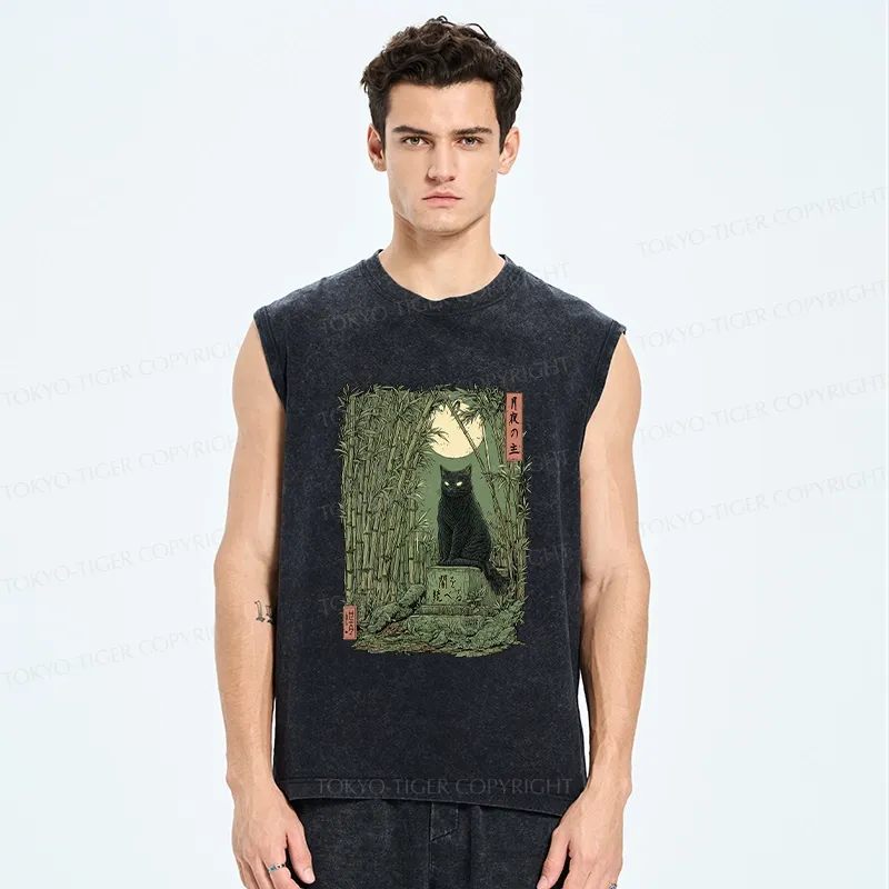 Tokyo-Tiger Black Cat In The Bamboo Forest Washed Tank