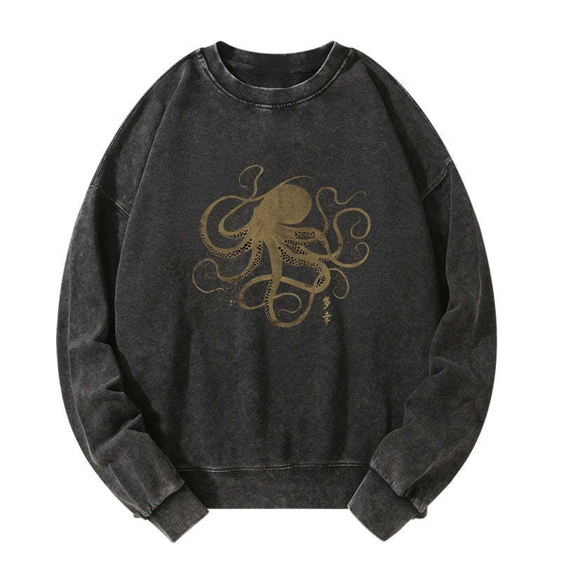 Tokyo-Tiger Octopus Japanese Gold Print Tattoo Washed Sweatshirt Sale