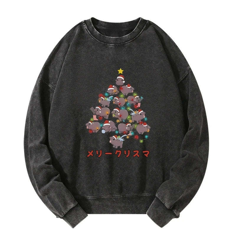 Tokyo-Tiger Moo Deng Christmas Tree Japanese Washed Sweatshirt