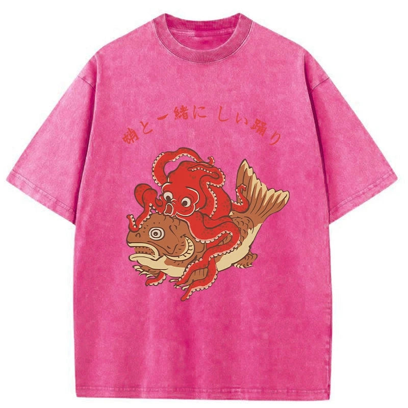 Tokyo-Tiger Octopus And Koi Dance Together Washed T-Shirt