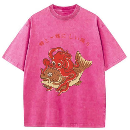 Tokyo-Tiger Octopus And Koi Dance Together Washed T-Shirt