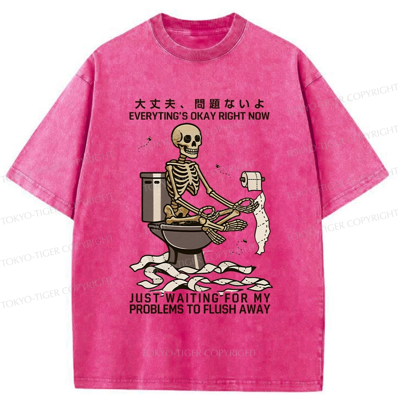 Tokyo-Tiger Funny Flushing Away Skeleton’s Question Washed T-Shirt