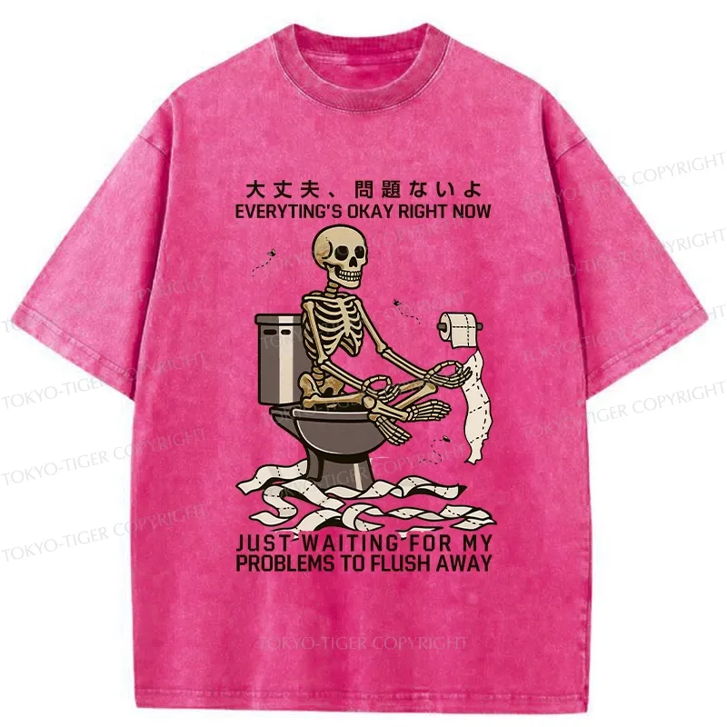 Tokyo-Tiger Funny Flushing Away Skeleton’s Question Washed T-Shirt