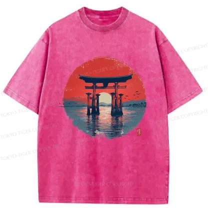 Tokyo-Tiger Retro Japanese Torii Gate Washed T-Shirt