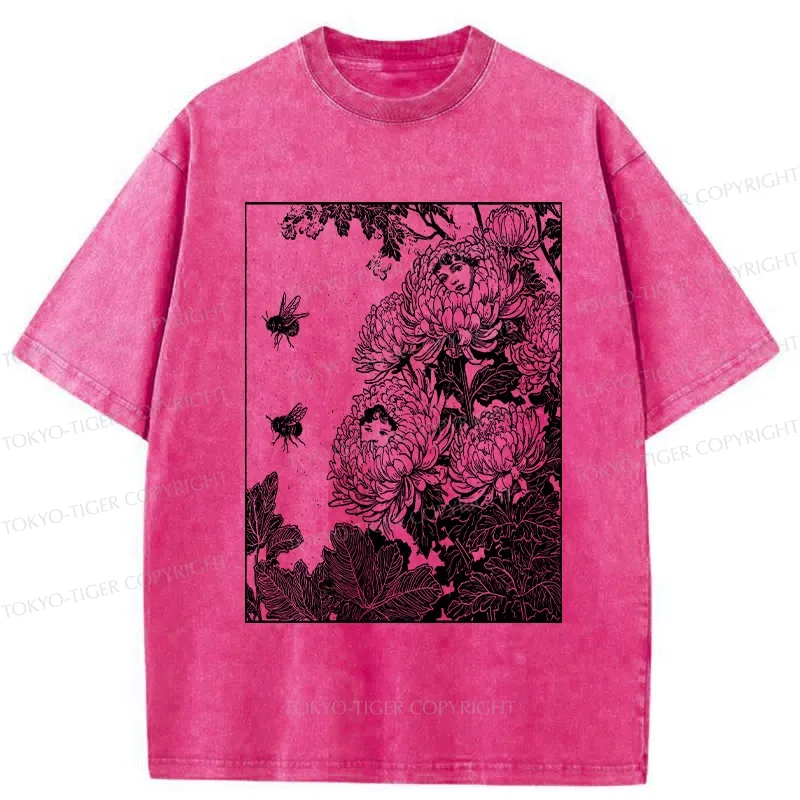 Tokyo-Tiger Chrysanthemums With Hidden Elf Washed T-Shirt