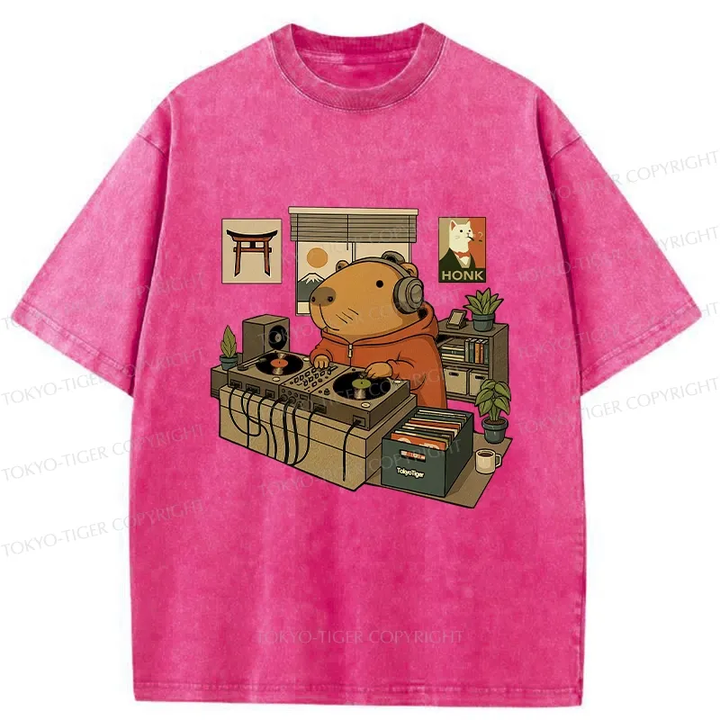 Tokyo-Tiger Funny Capybara DJ Washed T-Shirt