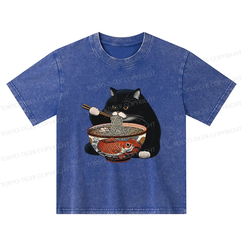 Tokyo-Tiger Fat Cat Eating Ramen Kids Washed T-Shirt