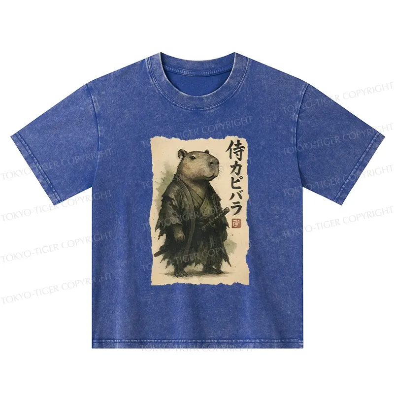 Tokyo-Tiger Capybara Samurai Kids Washed T-Shirt