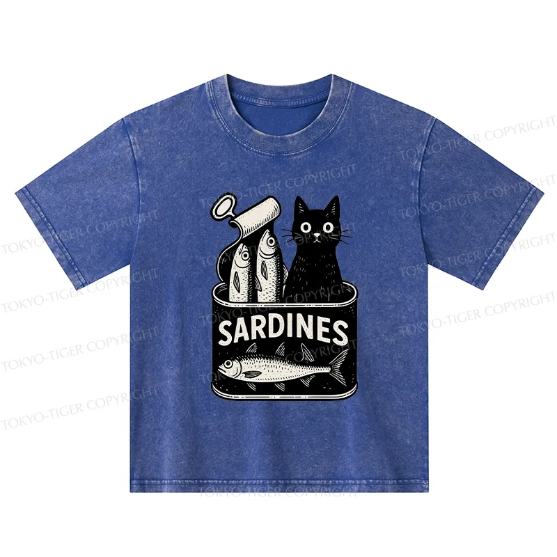 Tokyo-Tiger Cat And Canned Fish Kids Washed T-Shirt