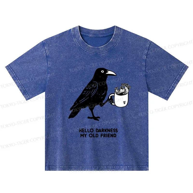 Tokyo-Tiger Crow Drinking Black Coffee Funny Kids Washed T-Shirt