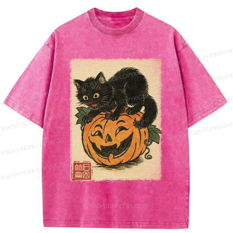 Tokyo-Tiger Black Cat And Pumpkin Washed T-Shirt