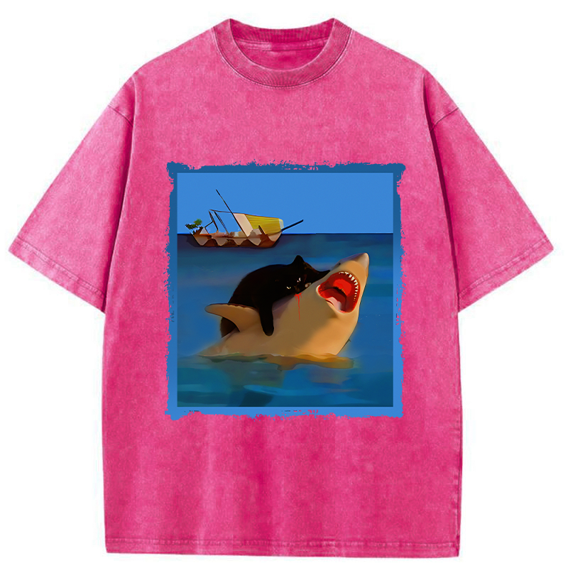 Tokyo-Tiger Black Cat With Shark Washed T-Shirt