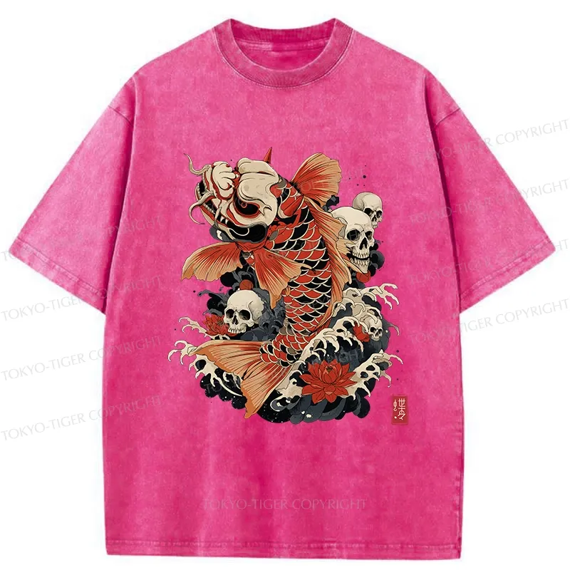 Tokyo-Tiger Japanese Koi And Skull Washed T-Shirt