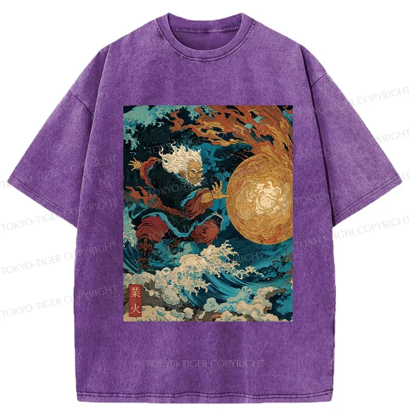Tokyo-Tiger Samurai Controls Fireball Washed T-Shirt
