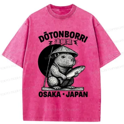 Tokyo-Tiger Capybara Holding A Fish Washed T-Shirt