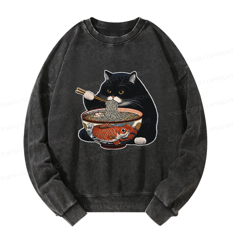 Tokyo-Tiger Fat Cat Eating Ramen Washed Sweatshirt