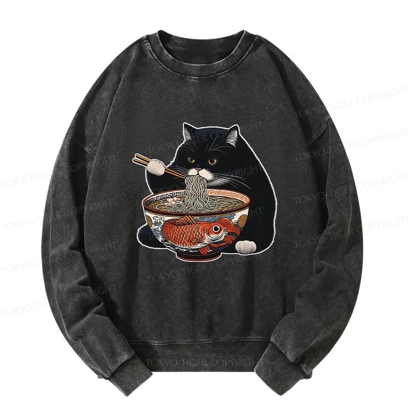 Tokyo-Tiger Fat Cat Eating Ramen Washed Sweatshirt