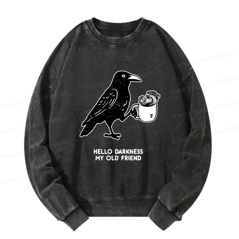 Tokyo-Tiger Crow Drinking Black Coffee Funny Washed Sweatshirt