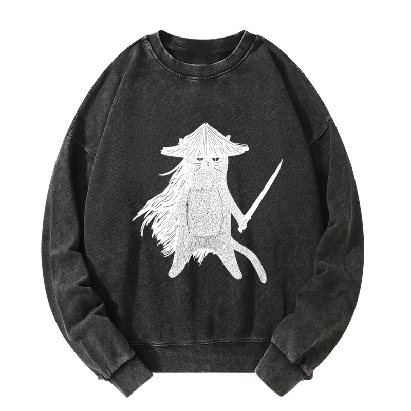 Tokyo-Tiger Japanese Samurai Cat Washed Sweatshirt
