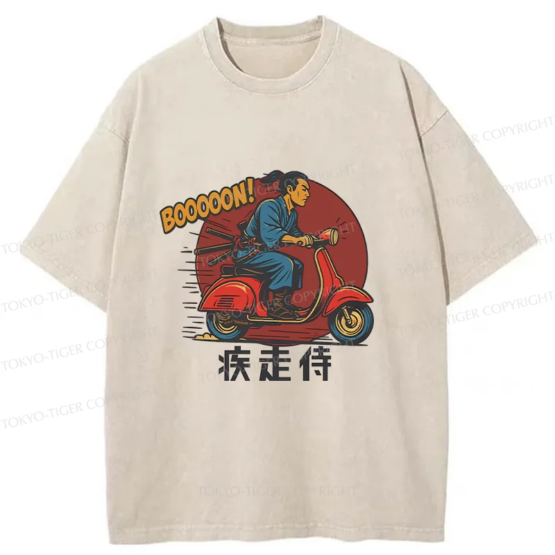 Tokyo-Tiger Samurai On Motorcycle Washed T-Shirt