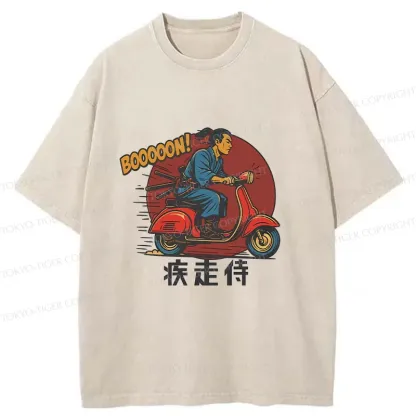 Tokyo-Tiger Samurai On Motorcycle Washed T-Shirt