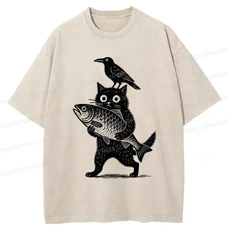 Tokyo-Tiger Black Animals Funny Washed T-Shirt