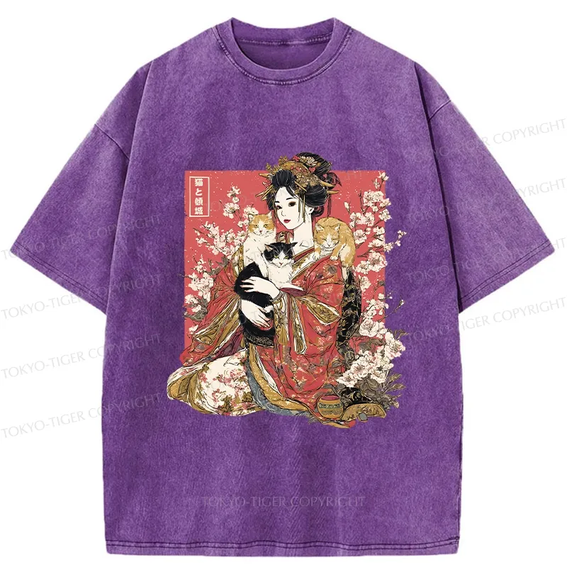Tokyo-Tiger Geisha And Cats Washed T-Shirt