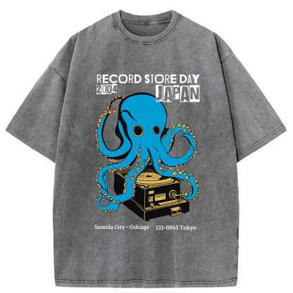 Tokyo-Tiger Japanese Octopus Records Washed T-Shirt