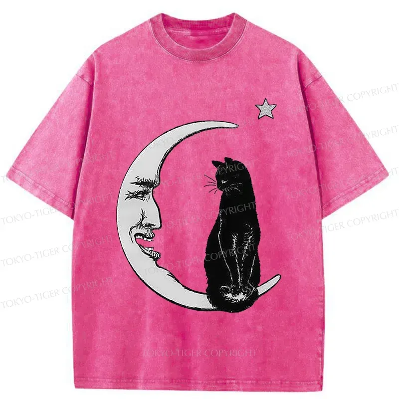 Tokyo-Tiger Moon And Cat Washed T-Shirt