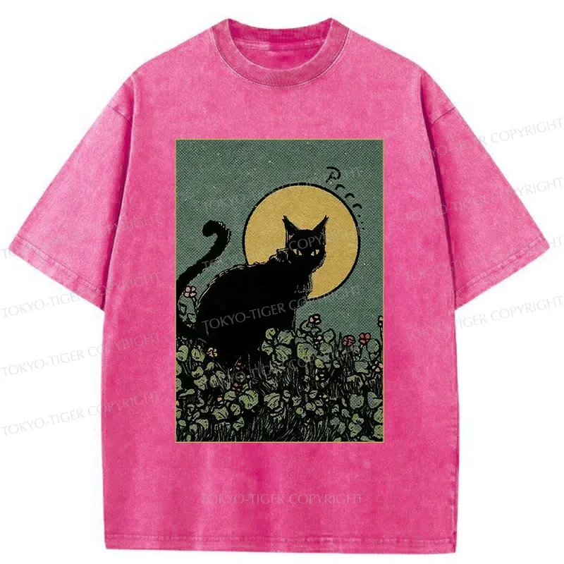 Tokyo-Tiger Black Cat At Night Washed T-Shirt