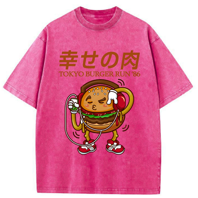 Tokyo-Tiger Funny Burger Listen To Music Washed T-Shirt