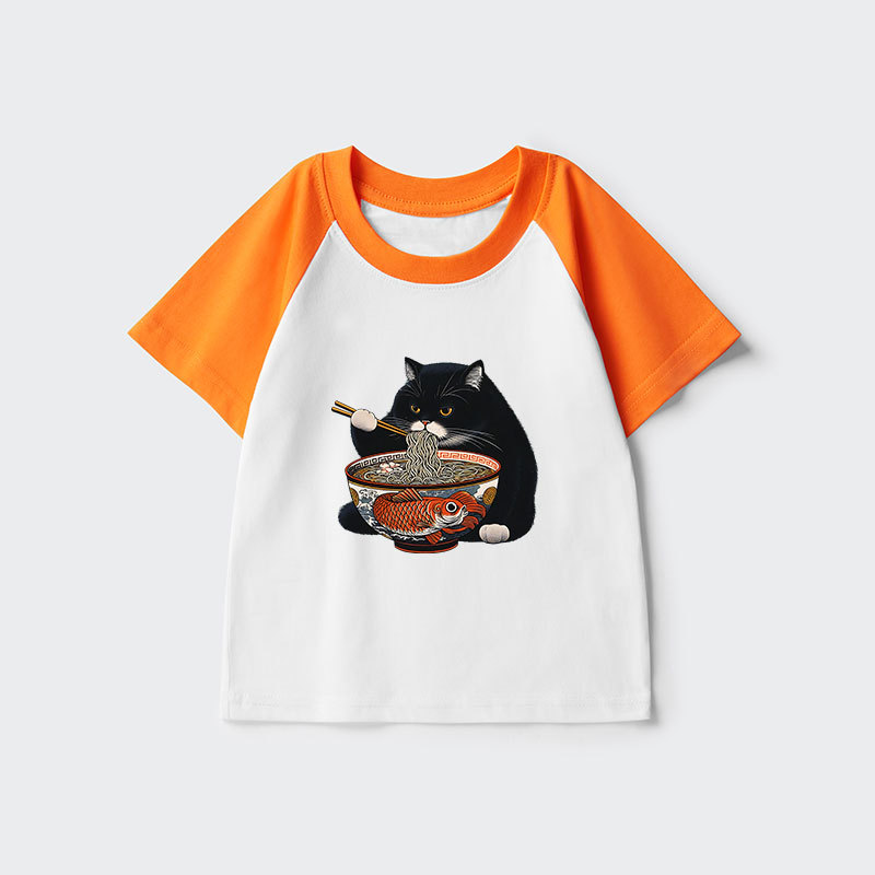 Tokyo-Tiger Fat Cat Eating Ramen Kids Raglan T-shirt