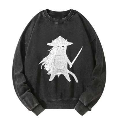 Tokyo-Tiger Japanese Samurai Cat Washed Sweatshirt