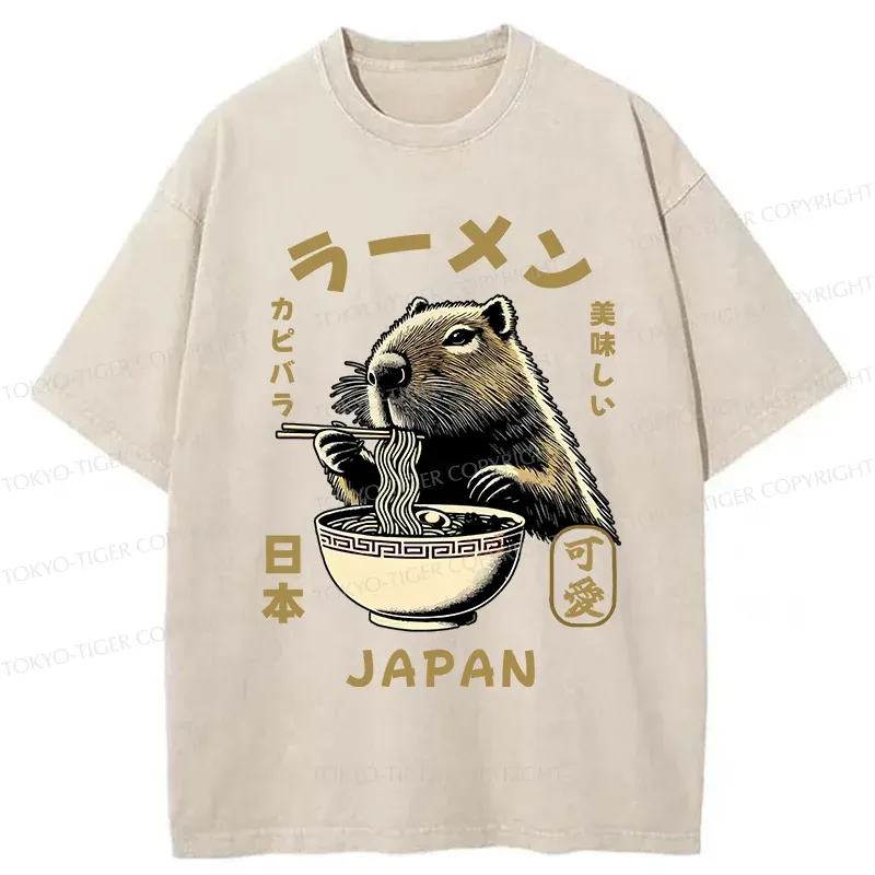 Tokyo-Tiger Retro Capybara Eating Ramen Washed T-Shirt