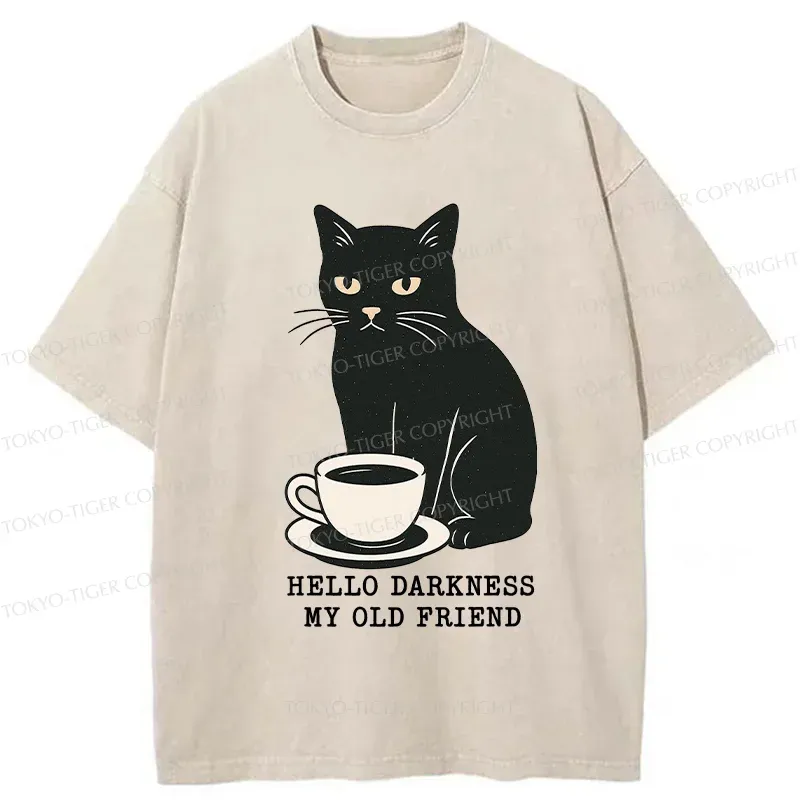 Tokyo-Tiger Black Cat Drinking Coffee Washed T-Shirt