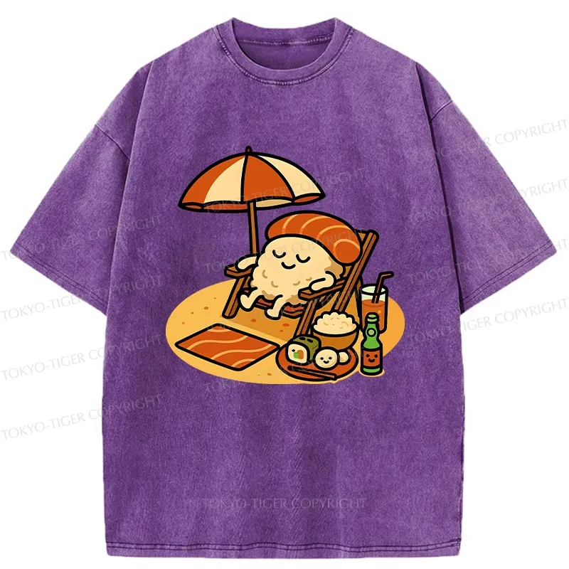 Tokyo-Tiger Funny Sushi Enjoying Sunbathing Washed T-Shirt