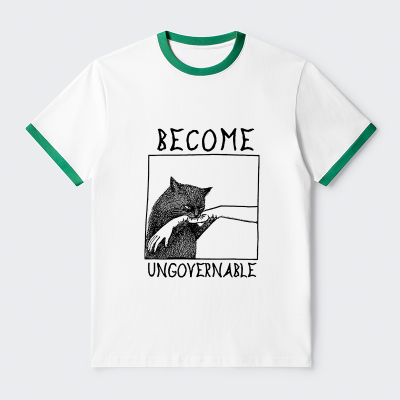 Tokyo-Tiger Cat Biting Arm Contrast Trim T-Shirt