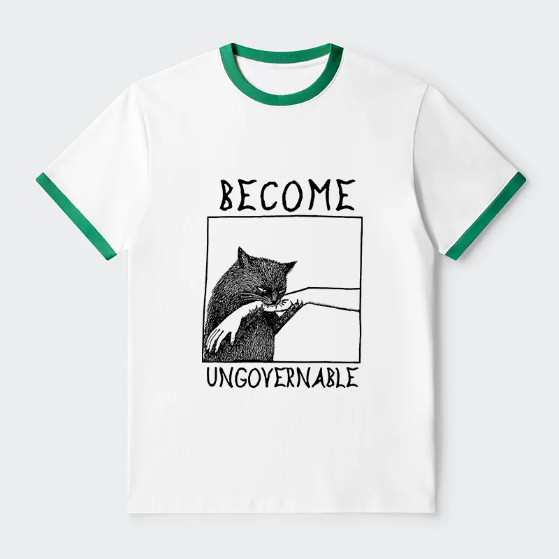 Tokyo-Tiger Cat Biting Arm Contrast Trim T-Shirt