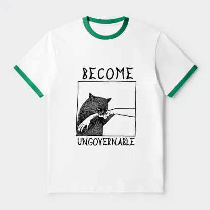 Tokyo-Tiger Cat Biting Arm Contrast Trim T-Shirt