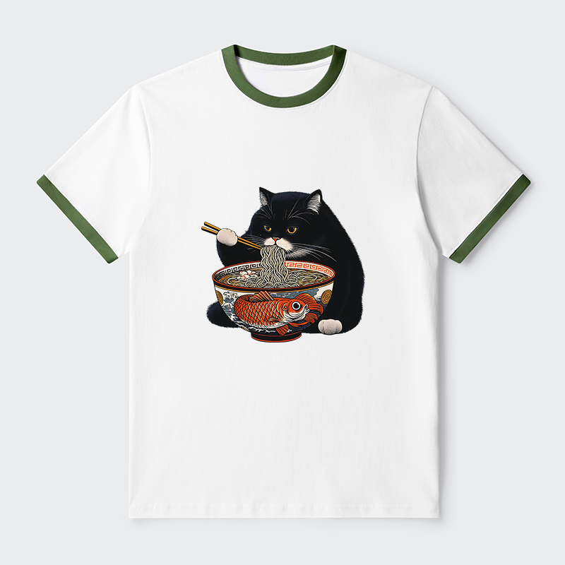 Tokyo-Tiger Fat Cat Eating Ramen Contrast Trim T-Shirt