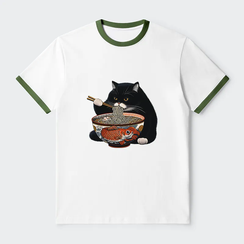 Tokyo-Tiger Fat Cat Eating Ramen Contrast Trim T-Shirt