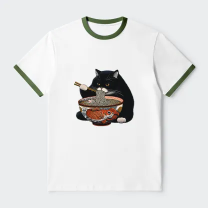 Tokyo-Tiger Fat Cat Eating Ramen Contrast Trim T-Shirt