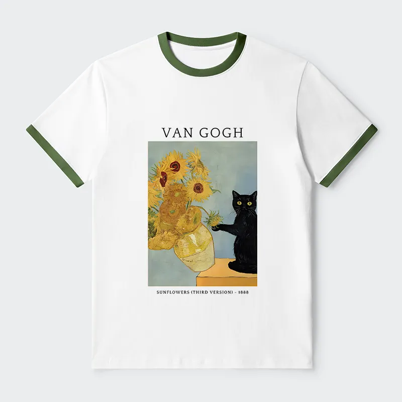 Tokyo-Tiger Black Cat With Sunflowers Contrast Trim T-Shirt