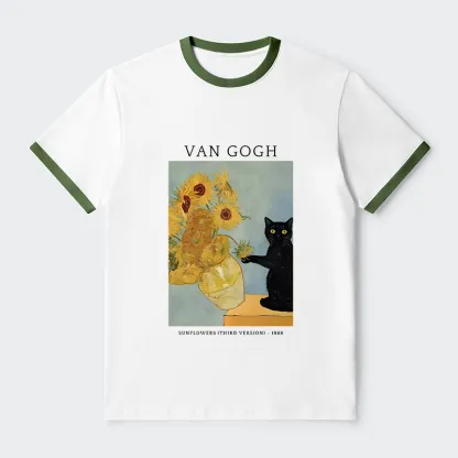 Tokyo-Tiger Black Cat With Sunflowers Contrast Trim T-Shirt
