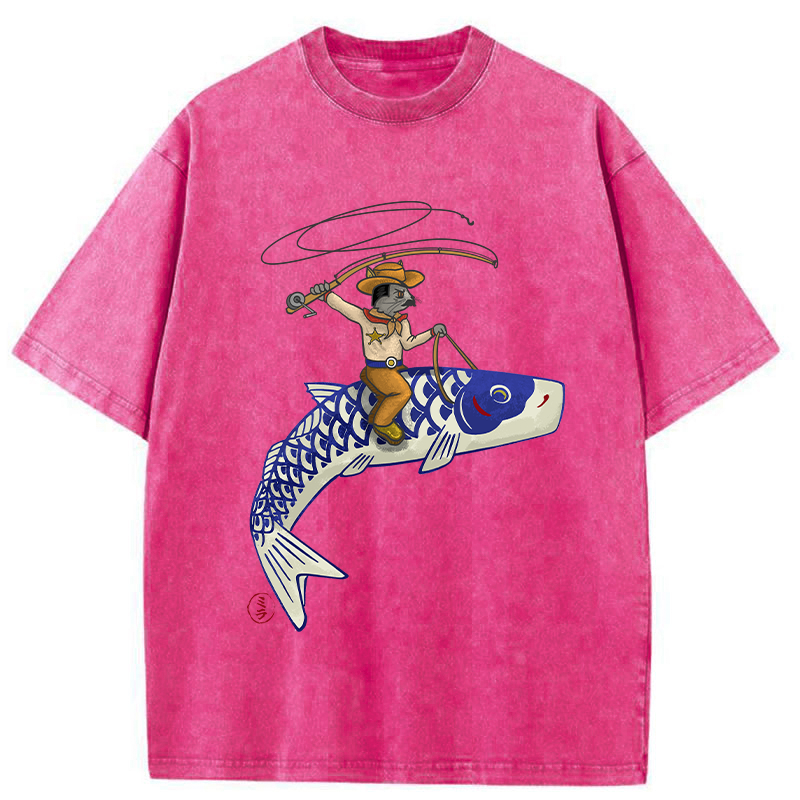 Tokyo-Tiger Cowboy Mouse Ride Fish Washed T-Shirt