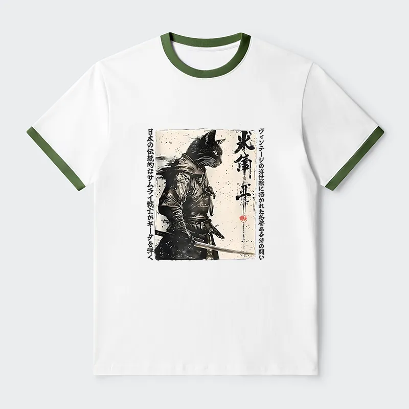 Tokyo-Tiger Cat Samurai Retro Contrast Trim T-Shirt