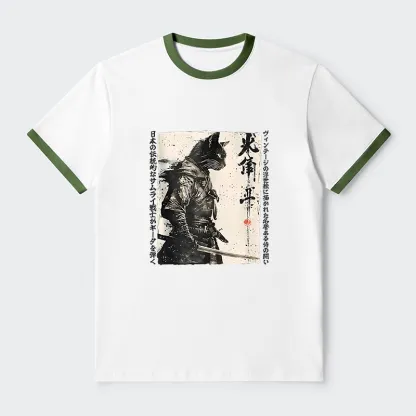 Tokyo-Tiger Cat Samurai Retro Contrast Trim T-Shirt