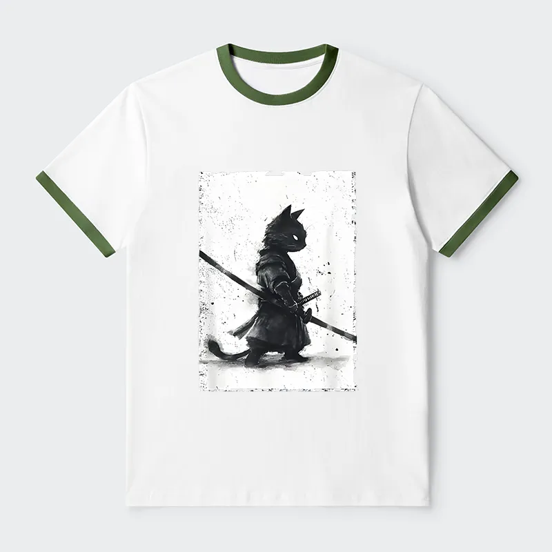 Tokyo-Tiger Retro Cat Samurai Japanese Contrast Trim T-Shirt