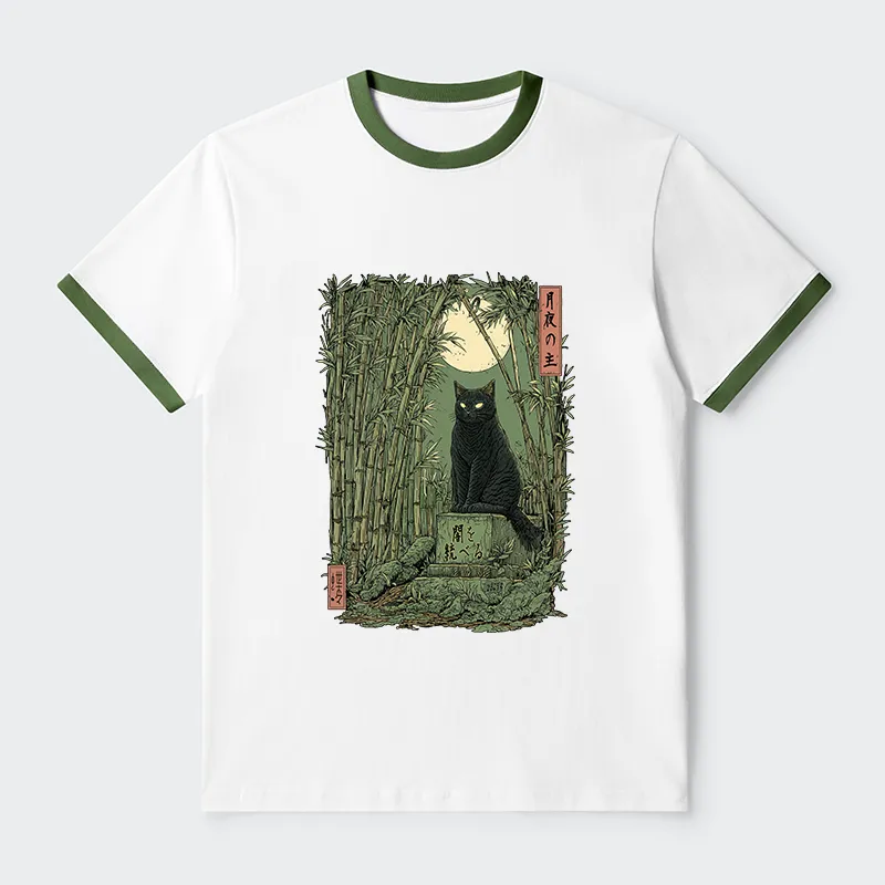 Tokyo-Tiger Black Cat In The Bamboo Forest Contrast Trim T-Shirt